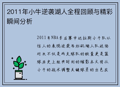 2011年小牛逆袭湖人全程回顾与精彩瞬间分析
