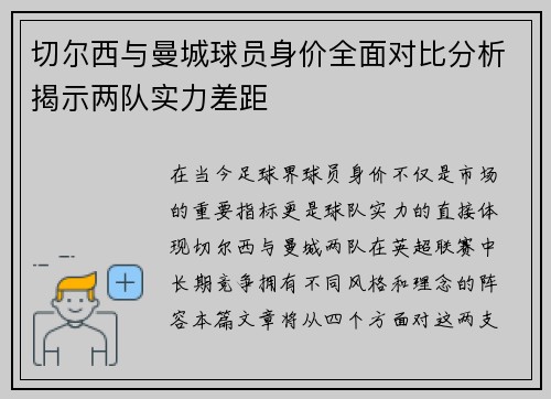 切尔西与曼城球员身价全面对比分析揭示两队实力差距