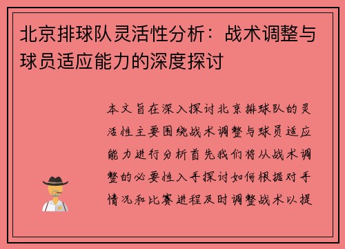 北京排球队灵活性分析：战术调整与球员适应能力的深度探讨