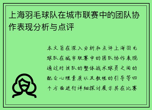 上海羽毛球队在城市联赛中的团队协作表现分析与点评