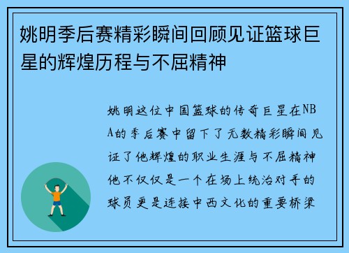 姚明季后赛精彩瞬间回顾见证篮球巨星的辉煌历程与不屈精神