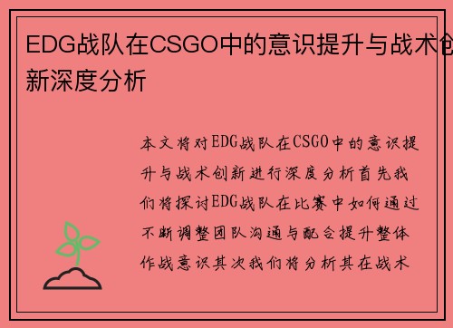 EDG战队在CSGO中的意识提升与战术创新深度分析