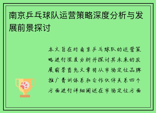 南京乒乓球队运营策略深度分析与发展前景探讨