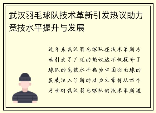 武汉羽毛球队技术革新引发热议助力竞技水平提升与发展