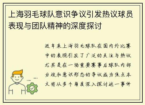 上海羽毛球队意识争议引发热议球员表现与团队精神的深度探讨