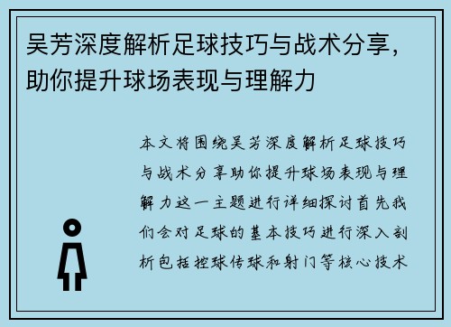 吴芳深度解析足球技巧与战术分享，助你提升球场表现与理解力