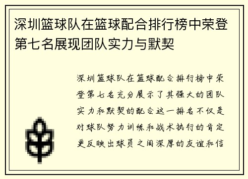 深圳篮球队在篮球配合排行榜中荣登第七名展现团队实力与默契