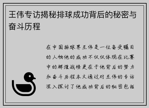 王伟专访揭秘排球成功背后的秘密与奋斗历程